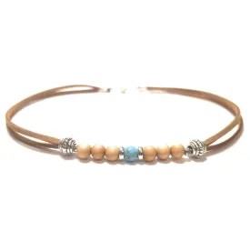 12 Inch Blue Turquoise Wood Bead Leather Micro Suede Ankle Bracelet Gift Boxed Boho Casual Anklet Swim Jewelry Gift Boxed