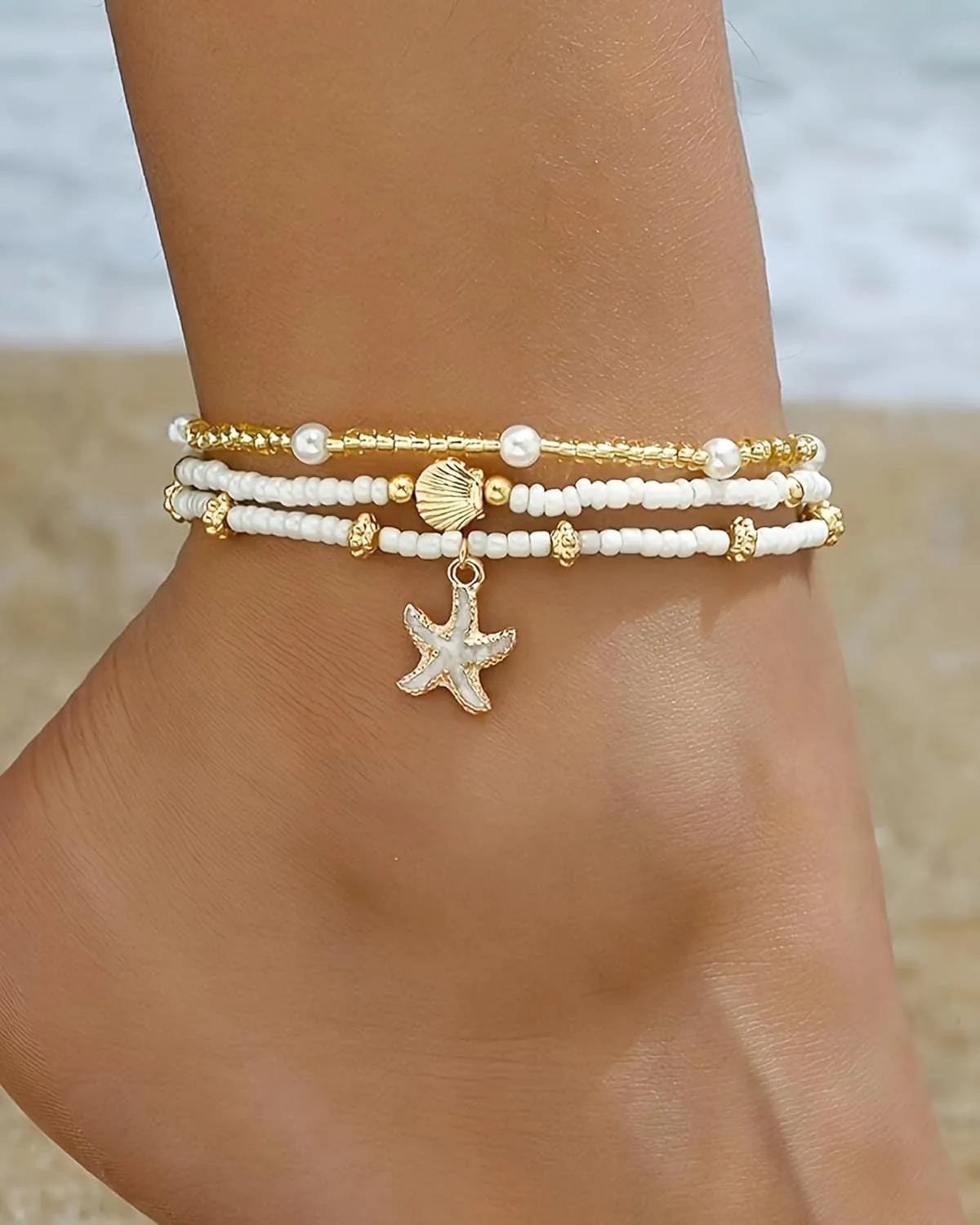 3 Pcs Shell Anklet Set for Women Adjustable Boho Beaded Anklets Sea Shell Starfish Sea Turtle Ankle Bracelets Summer Beach Chainlets Hawaiian Foot Jewelry Accessories