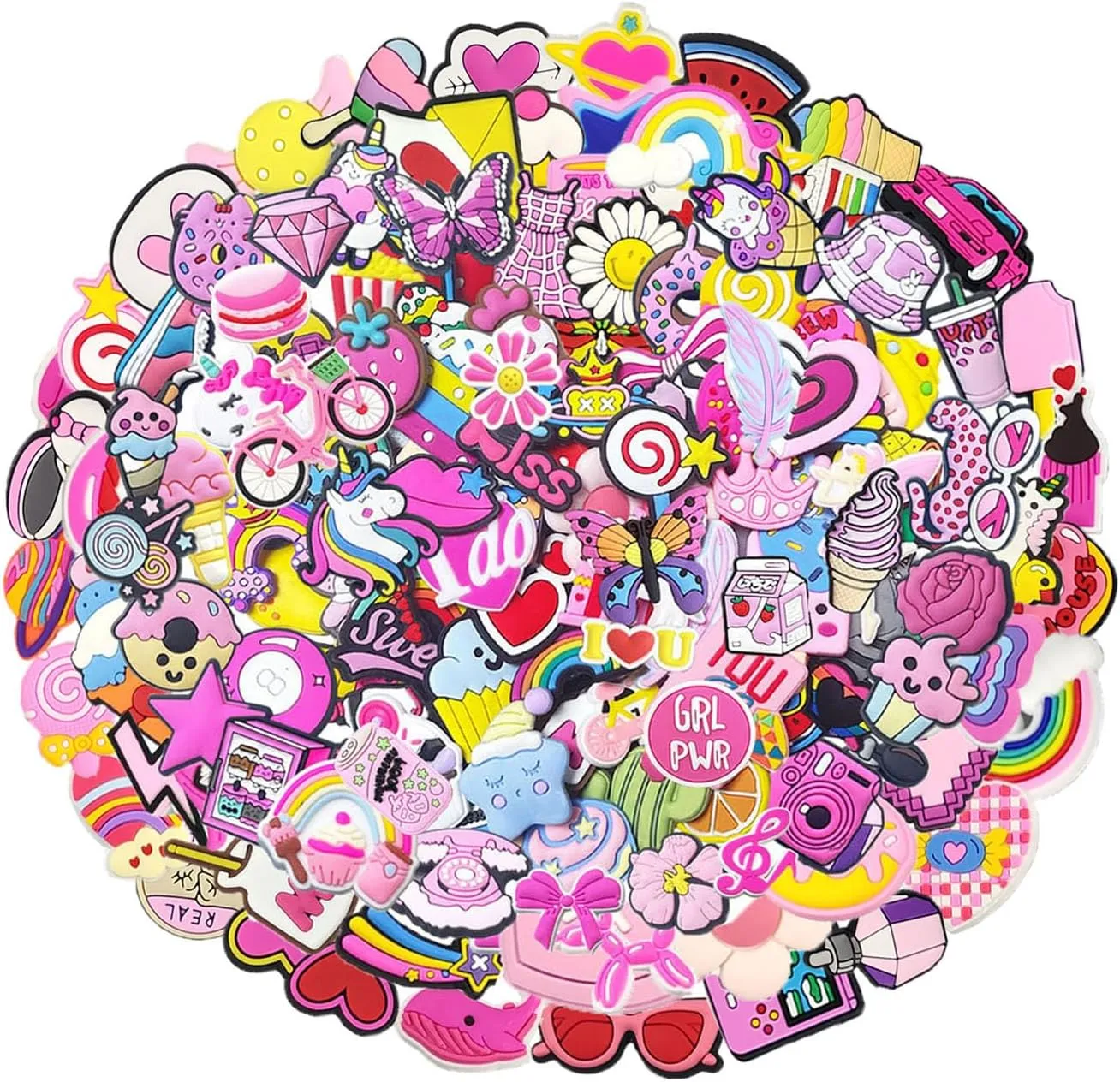 35, 50, 100 Pcs Random Shoe Charms for Girls, Cute PVC Accessories, Lovely Kawaii style Pink Shoe Decoration Charms & Bracelet Wristband Party Gifts