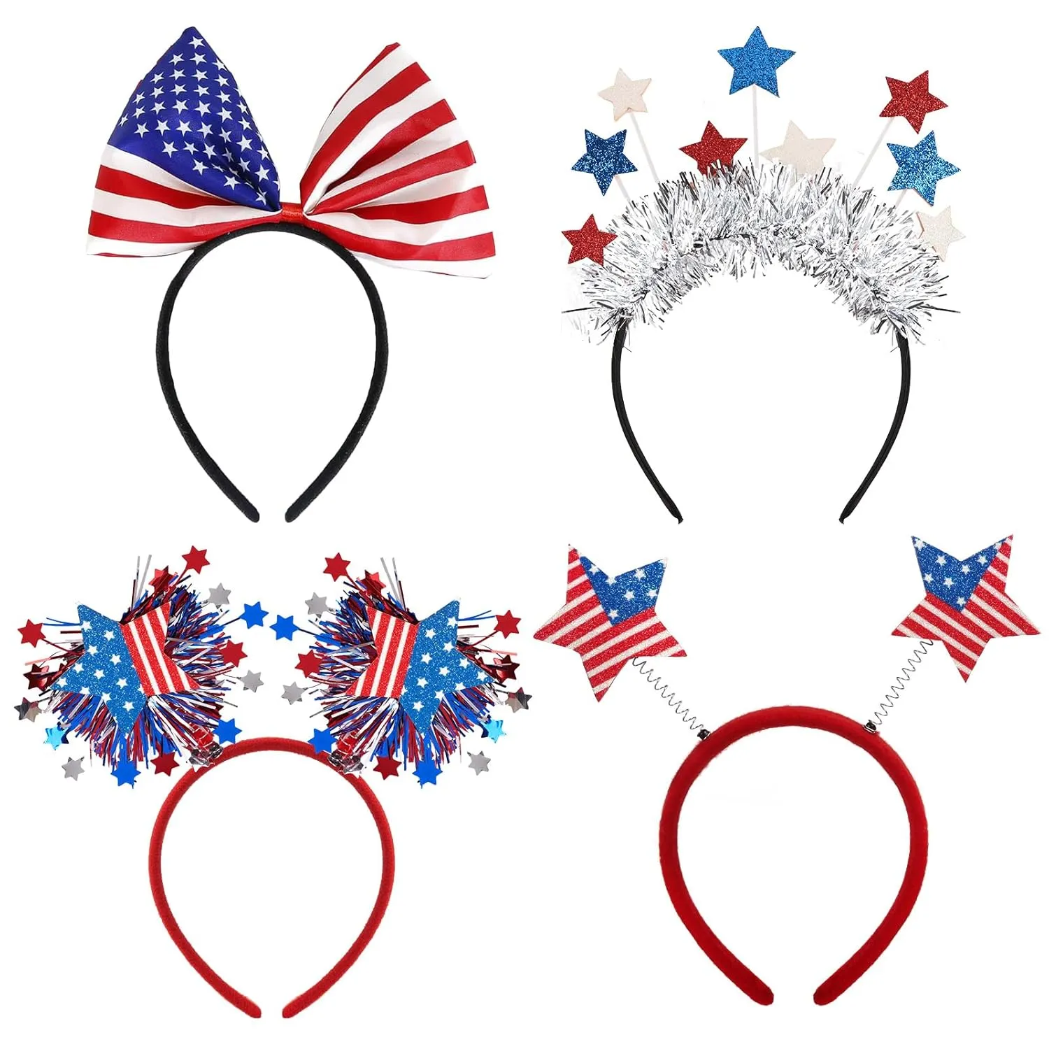 4pcs 4th of July Headband Accessories Patriotic Head Boppers Fourth of July Headband for Women Flag Star Bow Design Red White and Blue Independence Day Decorations