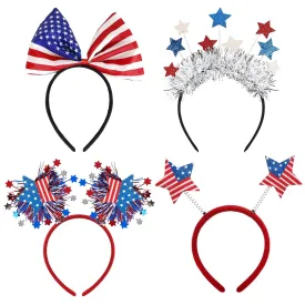 4pcs 4th of July Headband Accessories Patriotic Head Boppers Fourth of July Headband for Women Flag Star Bow Design Red White and Blue Independence Day Decorations