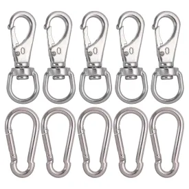 5pcs Stainless Steel Swivel Eye Snap Hook Flag Pole Clips,with 5pcs Snap Hook Carabiner Diving Clips Spring Hooks for Bird Feeders, Pet Chains, Dog Tie-Out Cable, Keychains and More