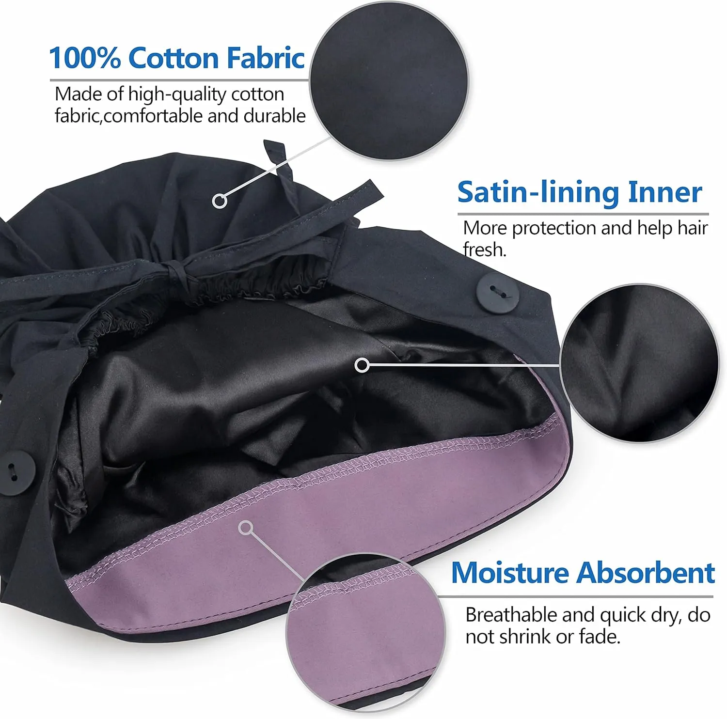 Adjustable Cotton Scrub Cap with Button, Cotton-Lined Working Cap Sweatband, Elastic Bandage Tie Back One Size