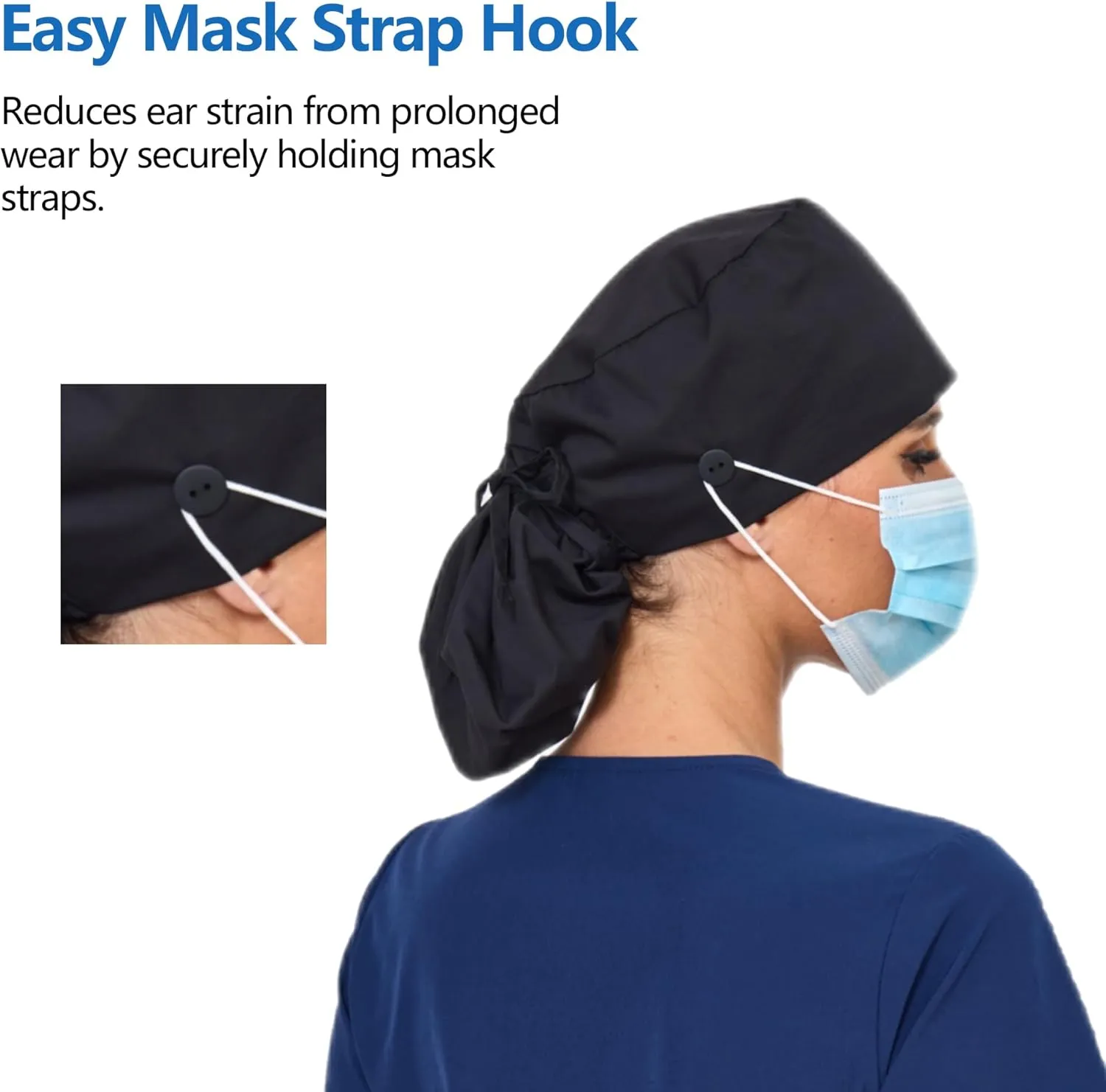 Adjustable Cotton Scrub Cap with Button, Cotton-Lined Working Cap Sweatband, Elastic Bandage Tie Back One Size