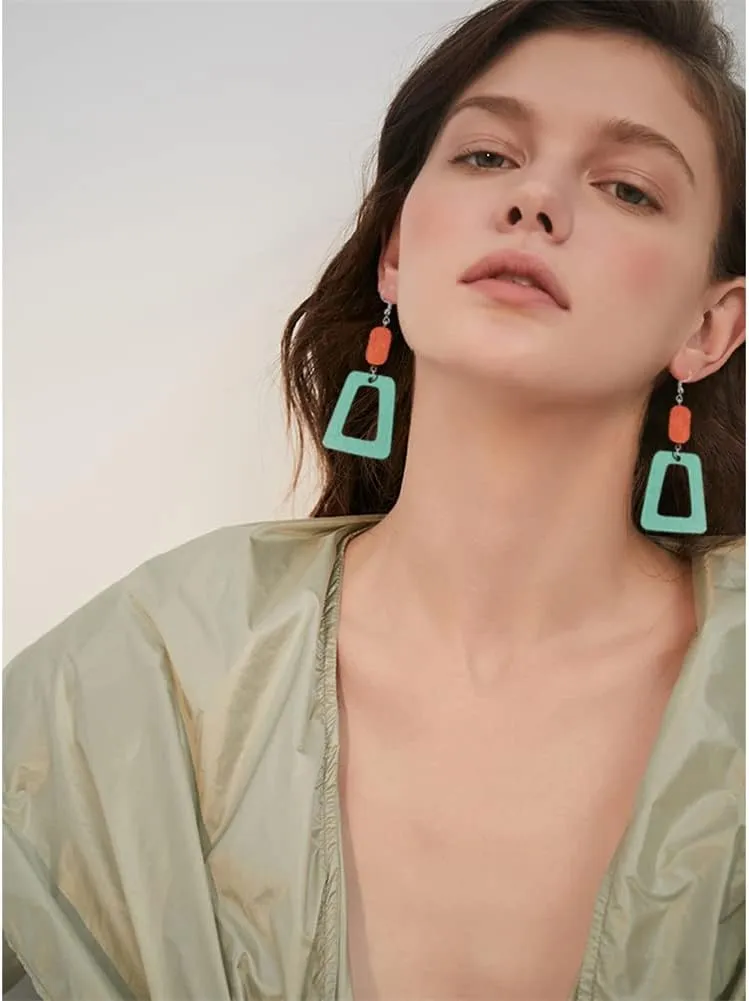 ANXIN Boho Personality Retro Tassel Rectangular Wooden Contrasting colors Earrings Chic Green Temperament Geometric Earrings Jewelry Gifts For Women