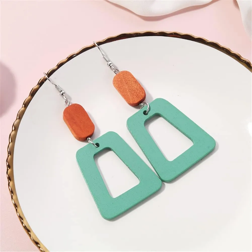 ANXIN Boho Personality Retro Tassel Rectangular Wooden Contrasting colors Earrings Chic Green Temperament Geometric Earrings Jewelry Gifts For Women