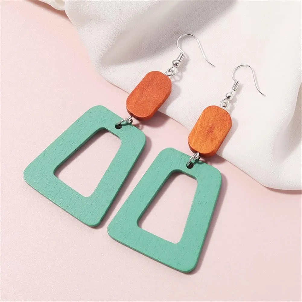 ANXIN Boho Personality Retro Tassel Rectangular Wooden Contrasting colors Earrings Chic Green Temperament Geometric Earrings Jewelry Gifts For Women