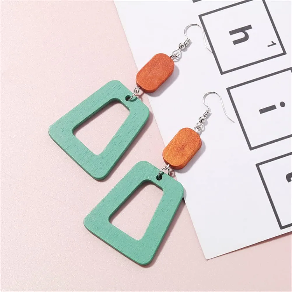 ANXIN Boho Personality Retro Tassel Rectangular Wooden Contrasting colors Earrings Chic Green Temperament Geometric Earrings Jewelry Gifts For Women