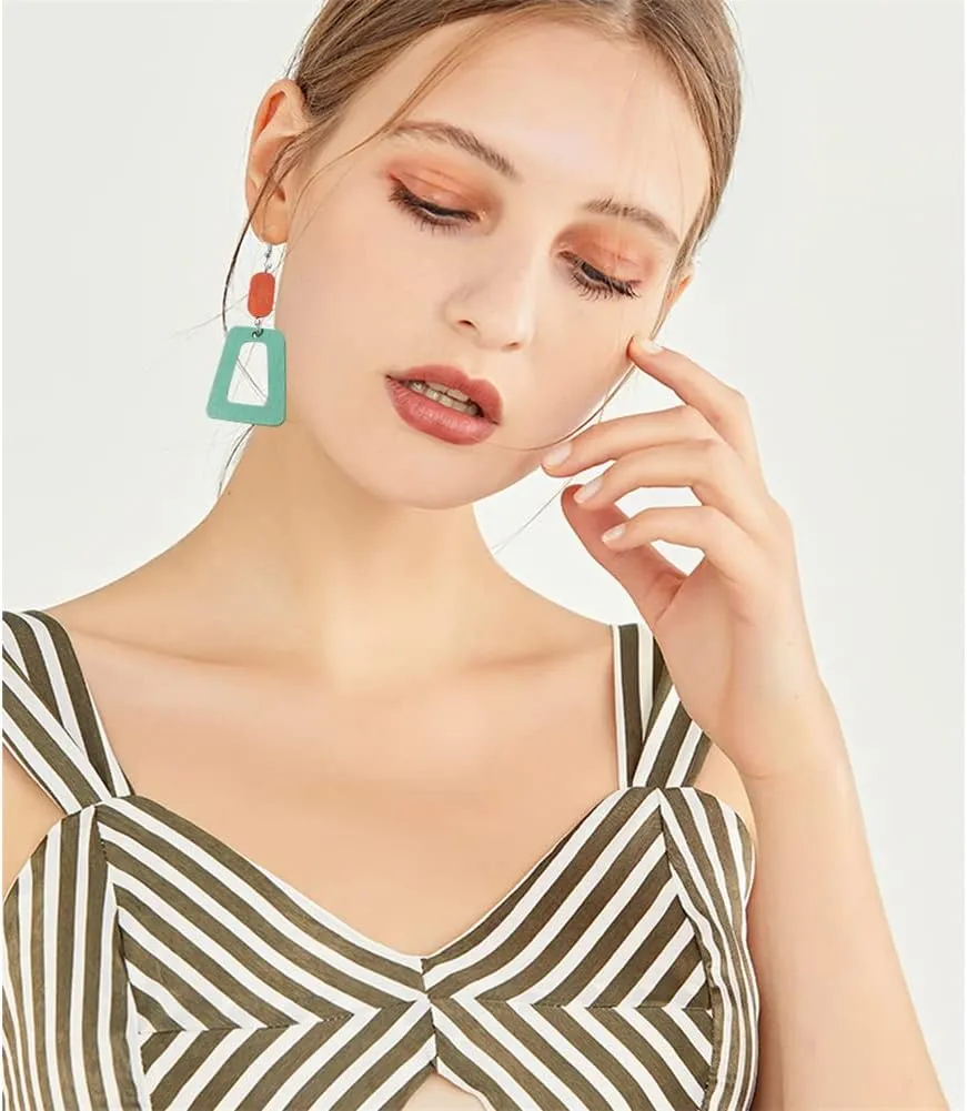 ANXIN Boho Personality Retro Tassel Rectangular Wooden Contrasting colors Earrings Chic Green Temperament Geometric Earrings Jewelry Gifts For Women