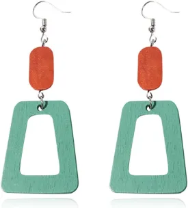 ANXIN Boho Personality Retro Tassel Rectangular Wooden Contrasting colors Earrings Chic Green Temperament Geometric Earrings Jewelry Gifts For Women