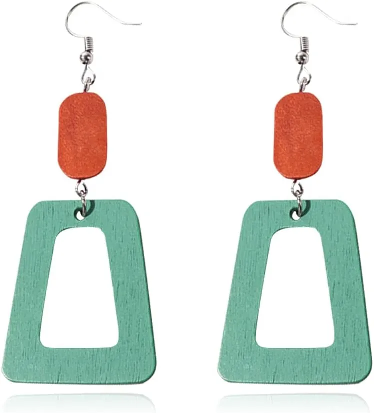 ANXIN Boho Personality Retro Tassel Rectangular Wooden Contrasting colors Earrings Chic Green Temperament Geometric Earrings Jewelry Gifts For Women