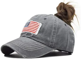 Baseball Hat Ponytail Cap Vintage Distressed American-Flag Hats Pony Tail Caps High Bun