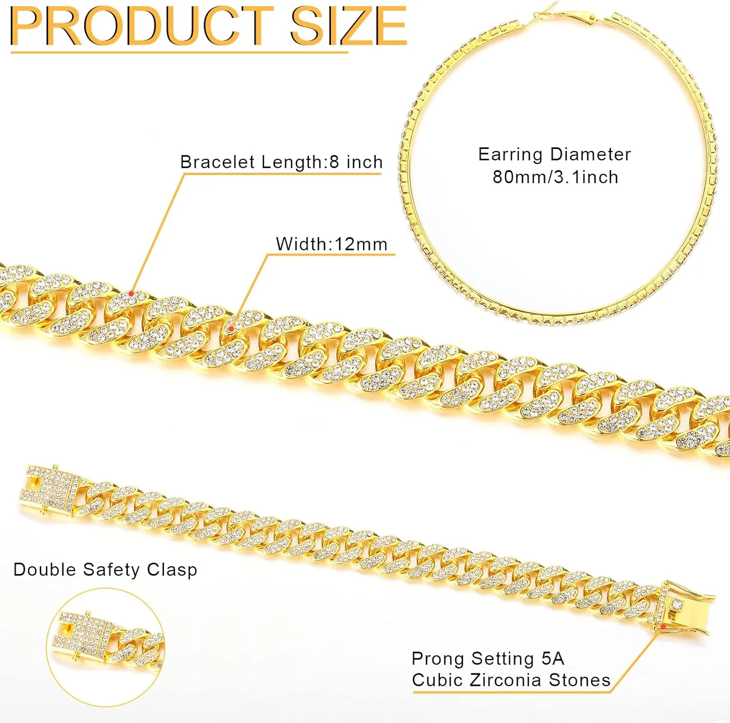 Batiyeer Cuban Link Chain Necklace Bracelet Rhinestone Earrings Bling Necklace Bracelet Crystal Big Circle Earring for Women