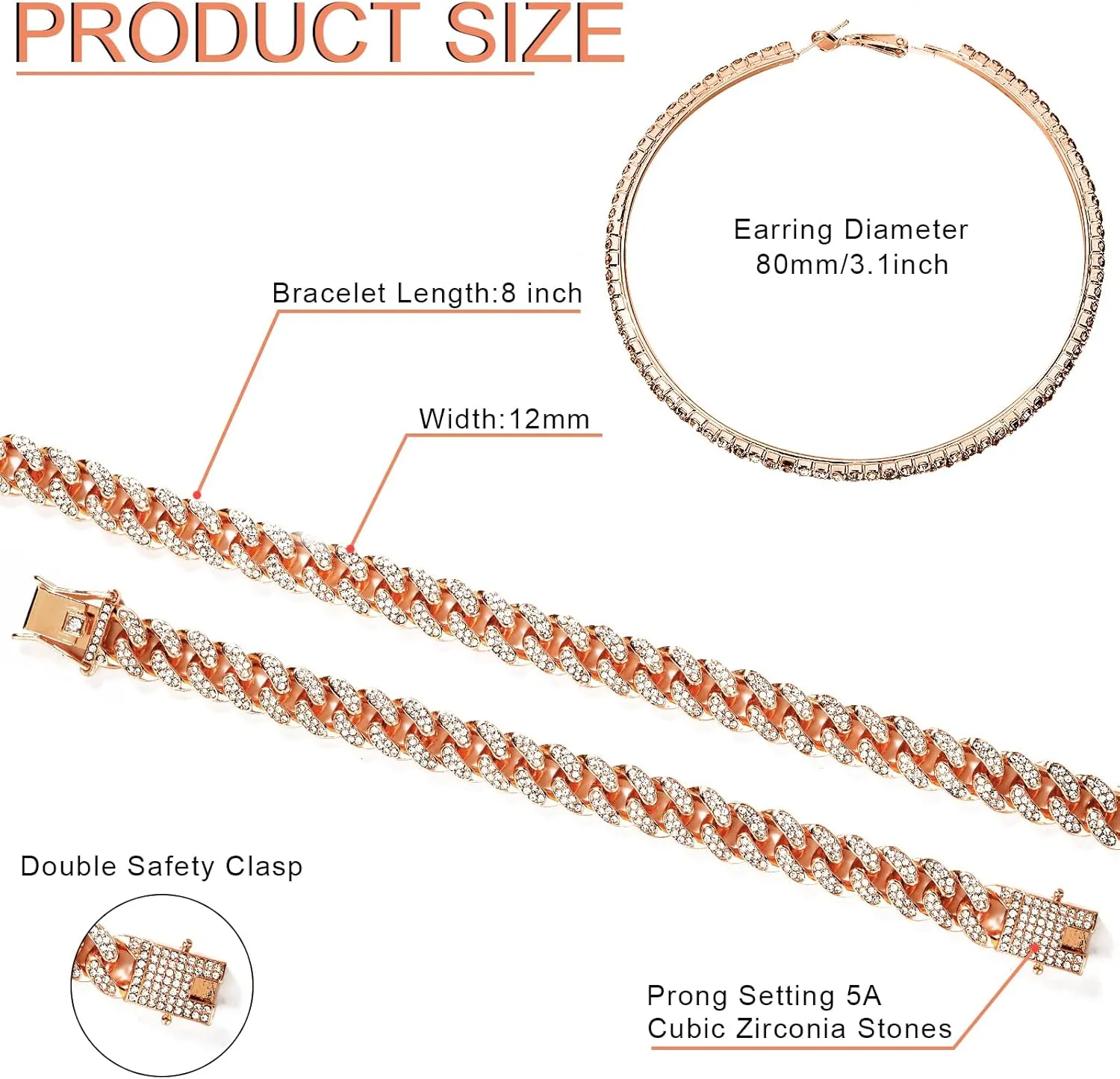 Batiyeer Cuban Link Chain Necklace Bracelet Rhinestone Earrings Bling Necklace Bracelet Crystal Big Circle Earring for Women