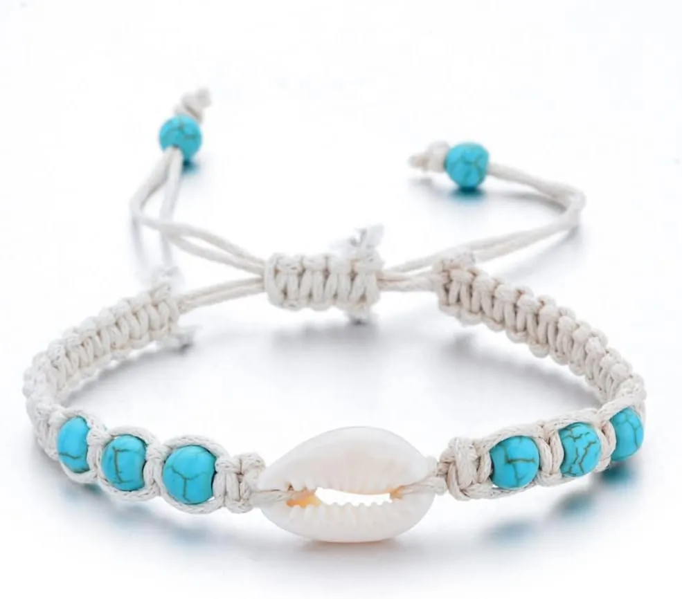 Caiyao Natural Cowrie Shell Turquoise Bead Bohemian Bracelet Handmade Braided Wax Rope Women Adjustable Starfish Anklet Beach Parties Jewelry