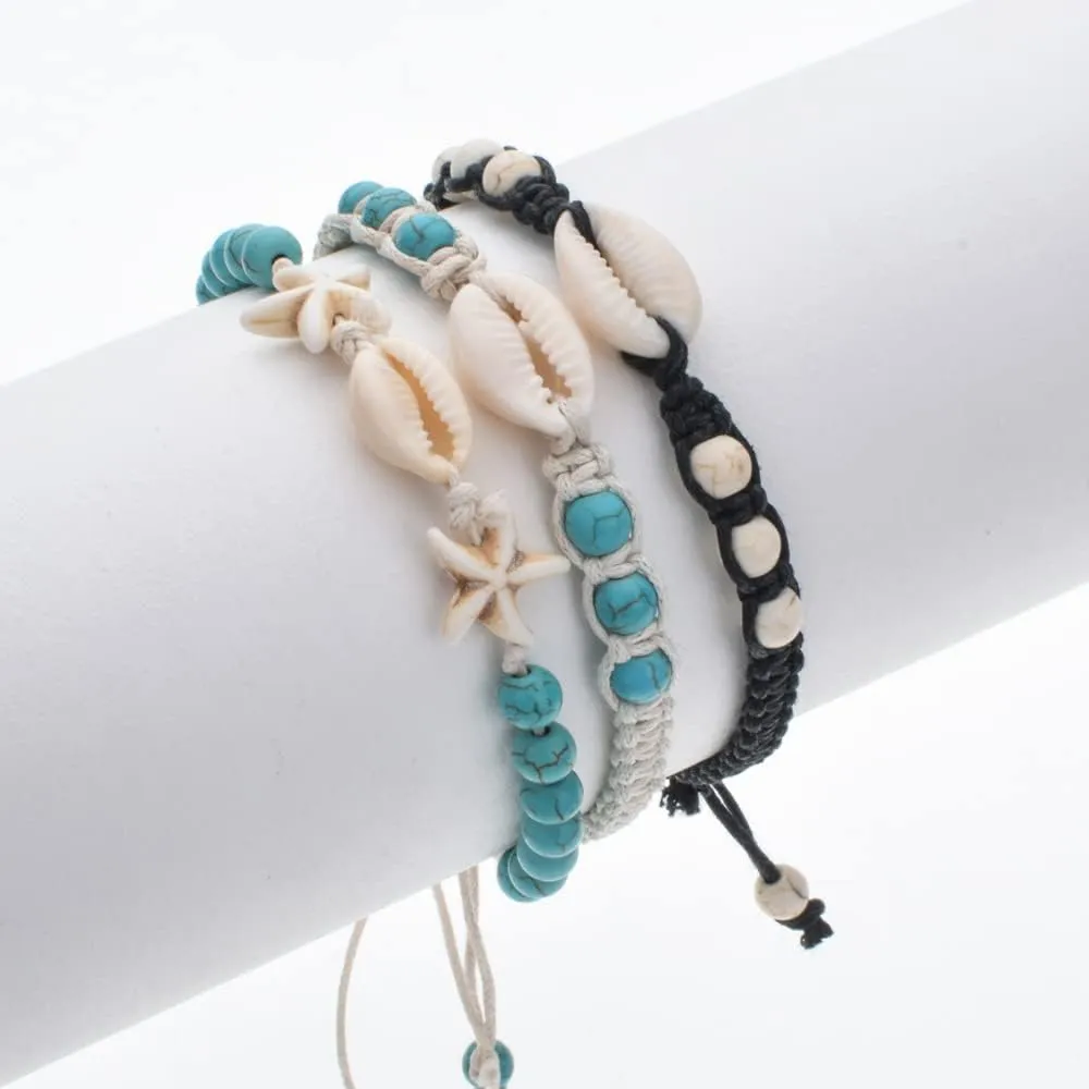 Caiyao Natural Cowrie Shell Turquoise Bead Bohemian Bracelet Handmade Braided Wax Rope Women Adjustable Starfish Anklet Beach Parties Jewelry