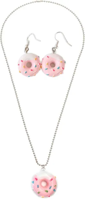 Cute Colorful Doughnut Earring Necklace Set Sweet Snack Donut Dangle Drop Earring Doughnut Pendant Necklace Creative Jewelry for Women