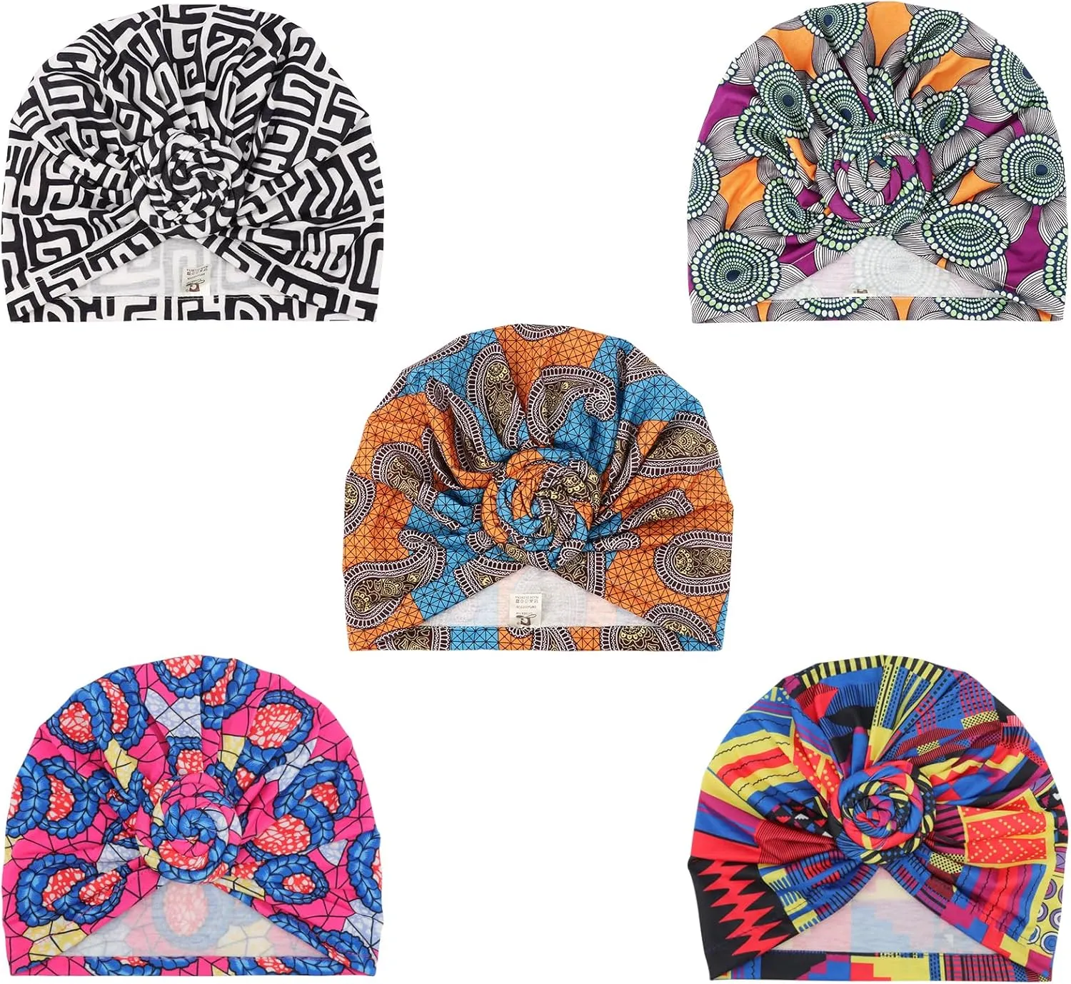 DRESHOW 5 Pack Knotted Headwraps for Women African Turban Pre-Knotted Beanie Headwraps Hair Covers