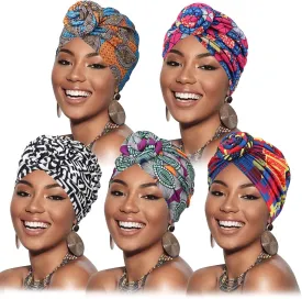 DRESHOW 5 Pack Knotted Headwraps for Women African Turban Pre-Knotted Beanie Headwraps Hair Covers