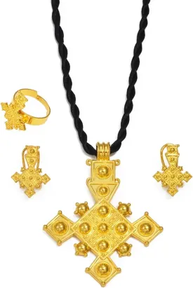 Ethiopian Traditional Jewelry | Eritrean Jewelry for Women Set | Ethiopian African Jewelry Wedding Sets Includes Cross Pendant Black Rope Earrings Ring Sets African Eritrean Religion