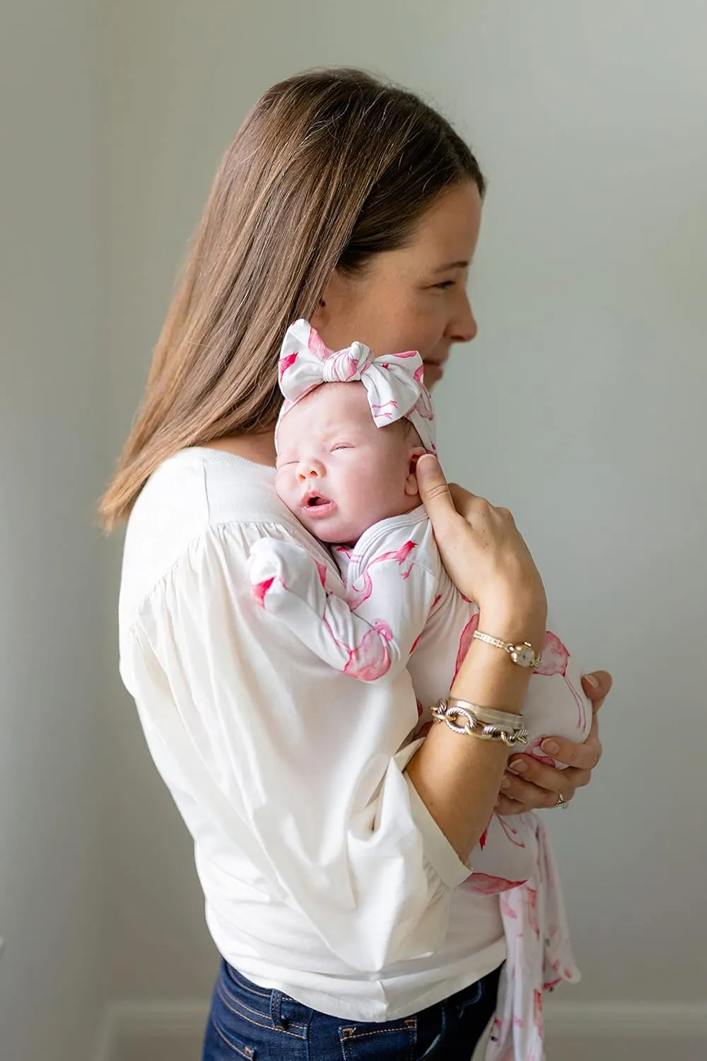 Flamingo Ultra Soft Newborn Headband Bow, Viscose from Bamboo with Spandex Stretchy Material