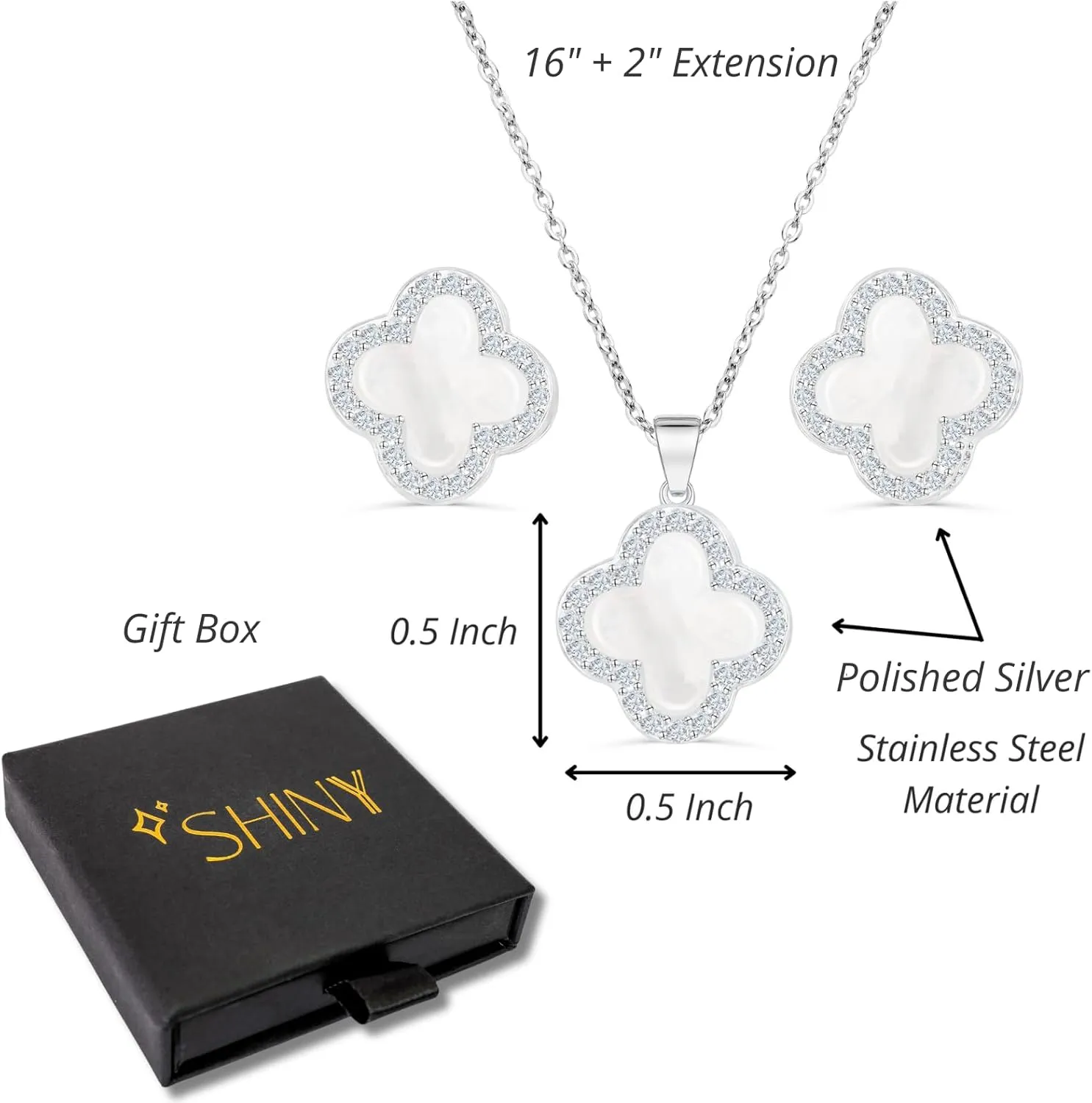 Four Leaf Crystal Clover Necklace Earring Set for Women 18K Gold Plated Stainless Steel Cubic Zirconia Pendant 4 Leaf Lucky Ear Studs Jewelry Gift for Mother and Daughter
