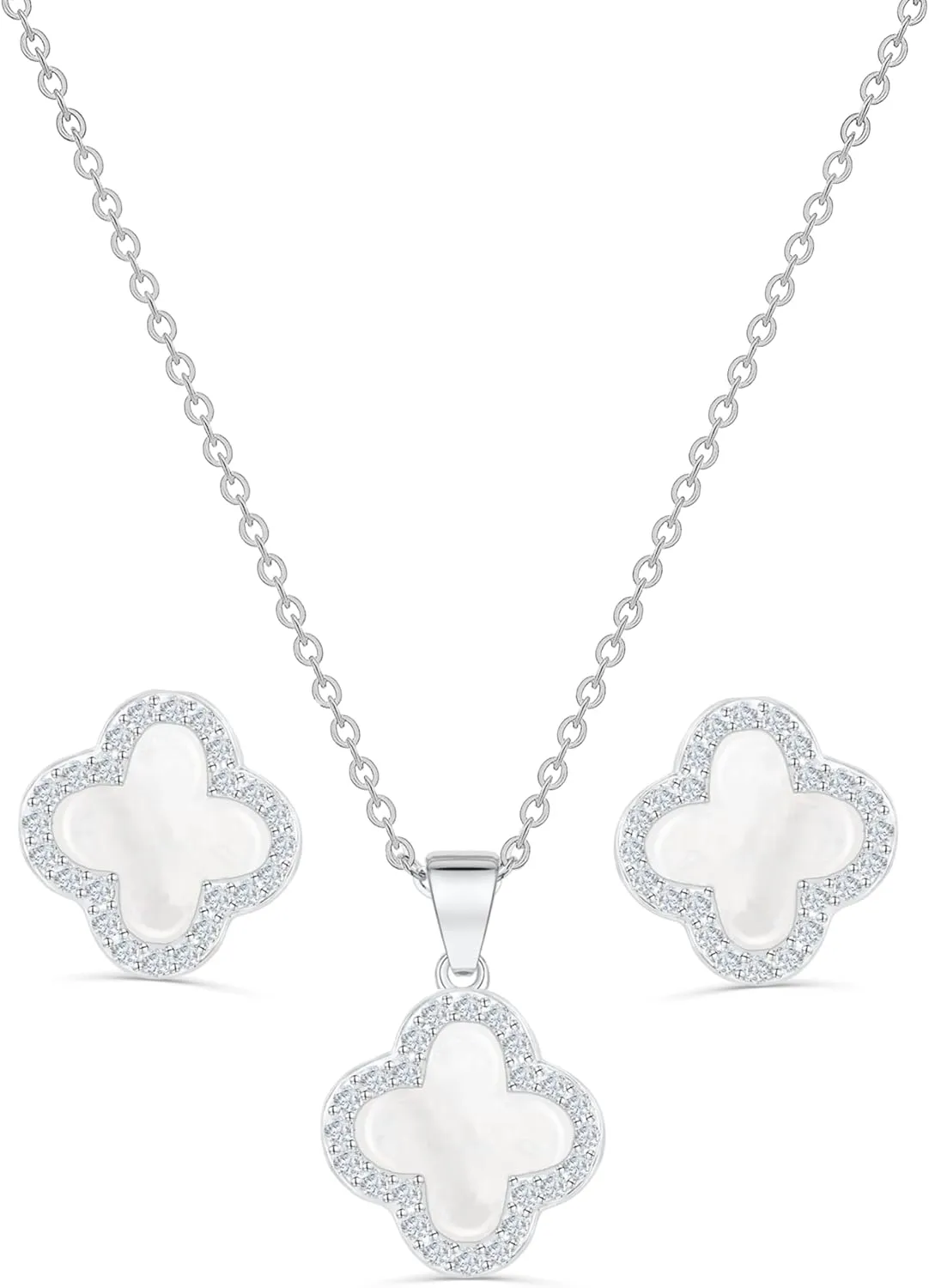 Four Leaf Crystal Clover Necklace Earring Set for Women 18K Gold Plated Stainless Steel Cubic Zirconia Pendant 4 Leaf Lucky Ear Studs Jewelry Gift for Mother and Daughter