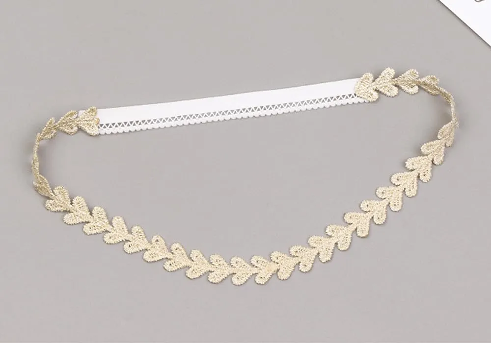 Gold Lace Elastic Headband for Baby Girl Flower Leaf Stretch Toddler Hairband Soft Lace Hair Accessories for Infants Toddlers Kids (Heart)