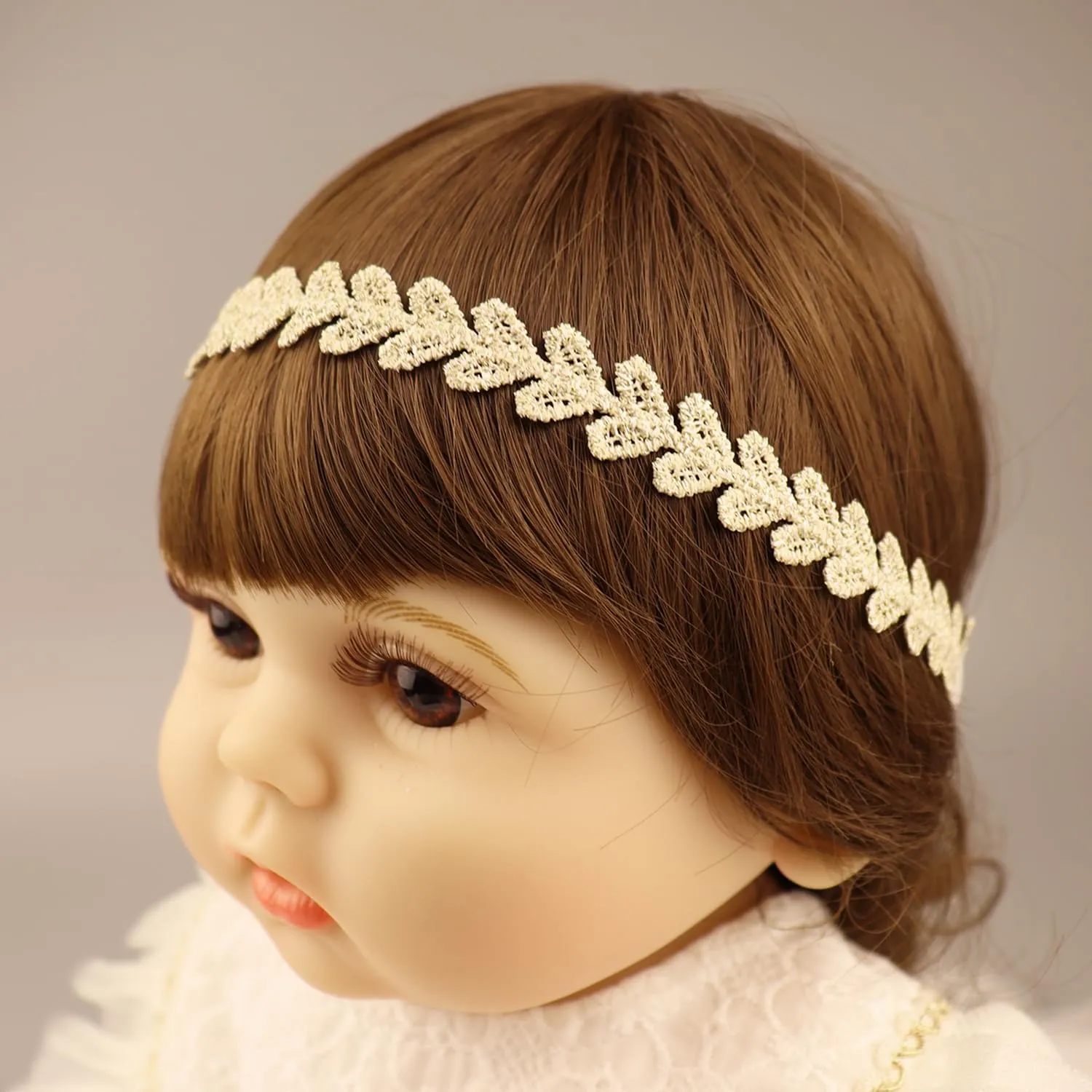Gold Lace Elastic Headband for Baby Girl Flower Leaf Stretch Toddler Hairband Soft Lace Hair Accessories for Infants Toddlers Kids (Heart)