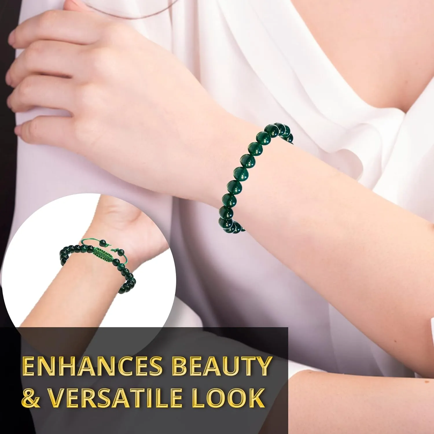 Green Jade Bracelet ??Healing Crystal Bracelet for Women, Men ??Chic Gemstone Bracelet for Men and Women ??8mm Round Bead Bracelets for Spiritual Healing, Protection, Positive Energy