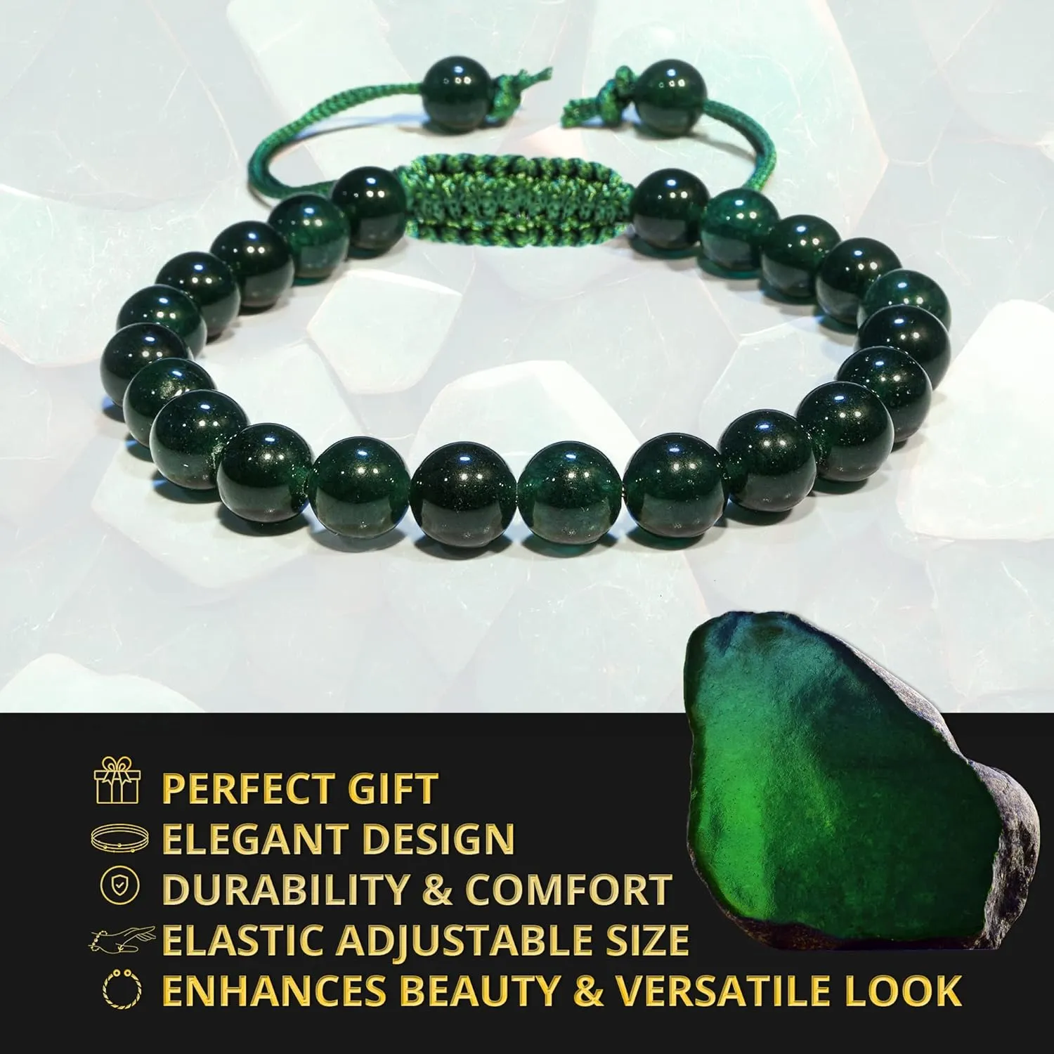 Green Jade Bracelet ??Healing Crystal Bracelet for Women, Men ??Chic Gemstone Bracelet for Men and Women ??8mm Round Bead Bracelets for Spiritual Healing, Protection, Positive Energy