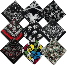 Hangnuo 9 Pack Skull Bandanas Cotton Headwraps Wristband 22" x 22" Sports Face Cover for Running Cycling Hiking Halloween and other holiday decoration
