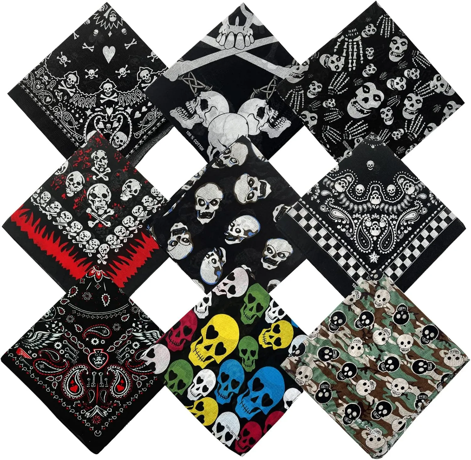 Hangnuo 9 Pack Skull Bandanas Cotton Headwraps Wristband 22" x 22" Sports Face Cover for Running Cycling Hiking Halloween and other holiday decoration