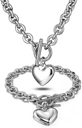 Heart Pendant Necklace and Bracelet Chain Stainless Steel Silver Drop White Jewelry Set