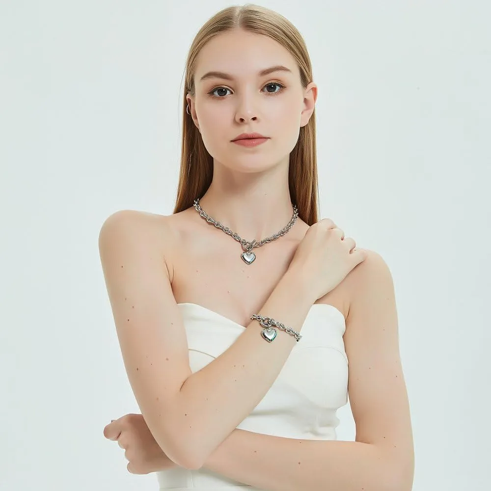 Heart Pendant Necklace and Bracelet Chain Stainless Steel Silver Drop White Jewelry Set