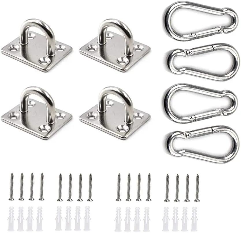 HOMPER 4Pcs M5 304 Stainless Steel Oblong Pad Eye Plate and 4Pcs Carabiner Clips, Marine Hardware Staple Hook Loop with 16 Screws and Plastic Plugs