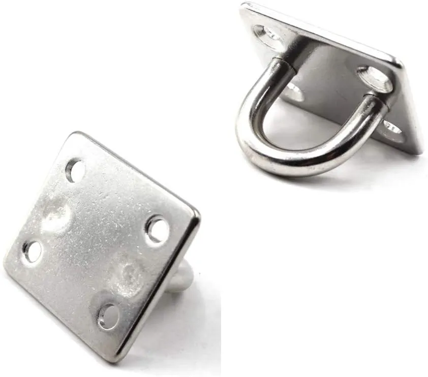 HOMPER 4Pcs M5 304 Stainless Steel Oblong Pad Eye Plate and 4Pcs Carabiner Clips, Marine Hardware Staple Hook Loop with 16 Screws and Plastic Plugs