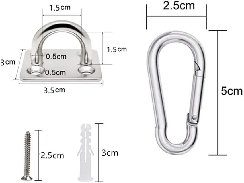 HOMPER 4Pcs M5 304 Stainless Steel Oblong Pad Eye Plate and 4Pcs Carabiner Clips, Marine Hardware Staple Hook Loop with 16 Screws and Plastic Plugs
