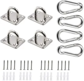 HOMPER 4Pcs M5 304 Stainless Steel Oblong Pad Eye Plate and 4Pcs Carabiner Clips, Marine Hardware Staple Hook Loop with 16 Screws and Plastic Plugs