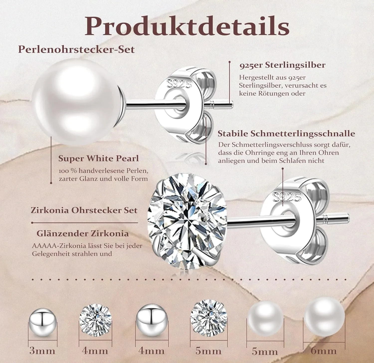 LOUMILEO 6 Pairs Pearl Earrings Set Hypoallergenic Small Sterling Silver Stud Earrings for Women Man 3-10MM Tiny Cartilage Piercing Pearl Studs for Multiple Piercing