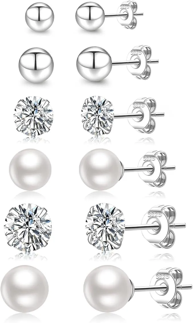 LOUMILEO 6 Pairs Pearl Earrings Set Hypoallergenic Small Sterling Silver Stud Earrings for Women Man 3-10MM Tiny Cartilage Piercing Pearl Studs for Multiple Piercing
