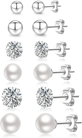 LOUMILEO 6 Pairs Pearl Earrings Set Hypoallergenic Small Sterling Silver Stud Earrings for Women Man 3-10MM Tiny Cartilage Piercing Pearl Studs for Multiple Piercing