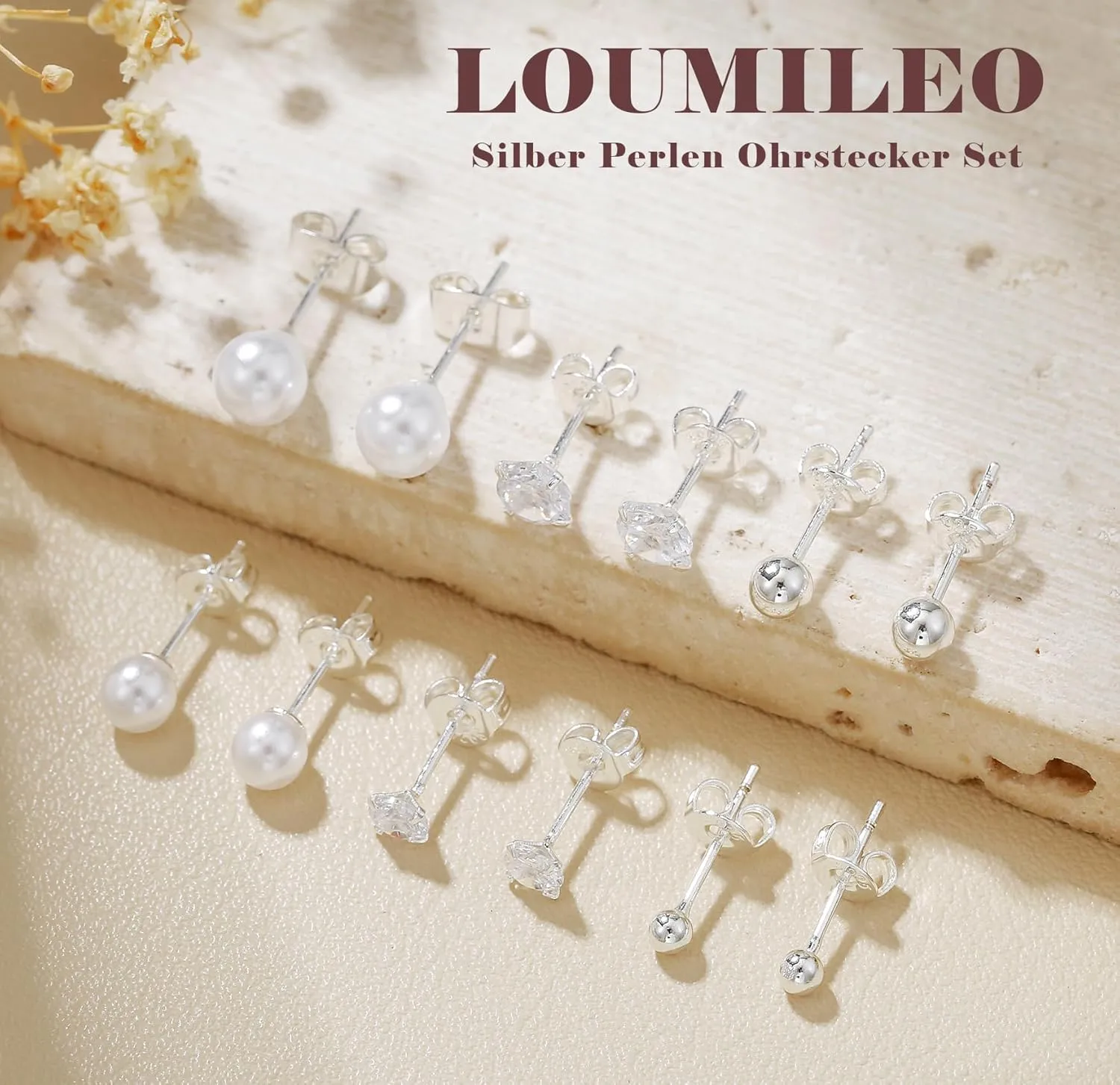 LOUMILEO 6 Pairs Pearl Earrings Set Hypoallergenic Small Sterling Silver Stud Earrings for Women Man 3-10MM Tiny Cartilage Piercing Pearl Studs for Multiple Piercing