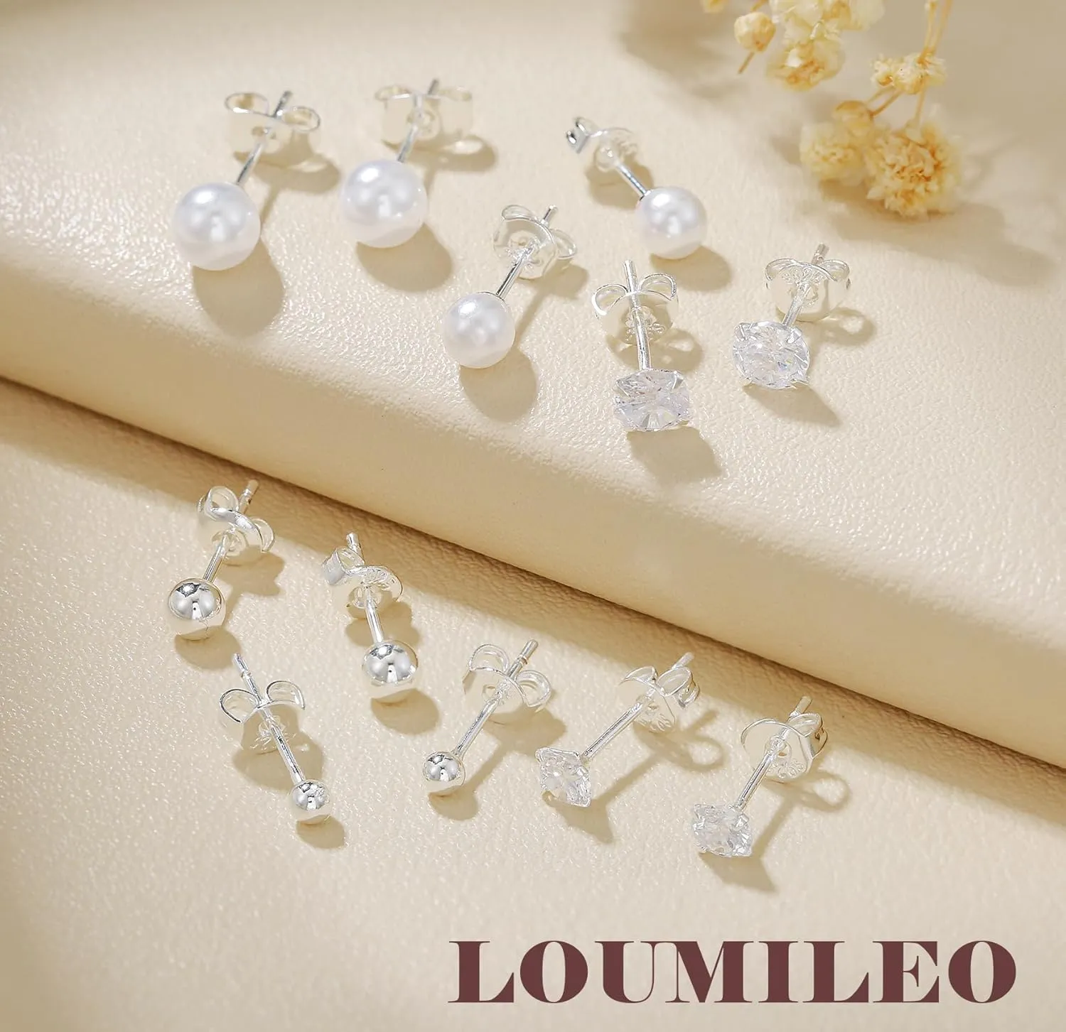 LOUMILEO 6 Pairs Pearl Earrings Set Hypoallergenic Small Sterling Silver Stud Earrings for Women Man 3-10MM Tiny Cartilage Piercing Pearl Studs for Multiple Piercing