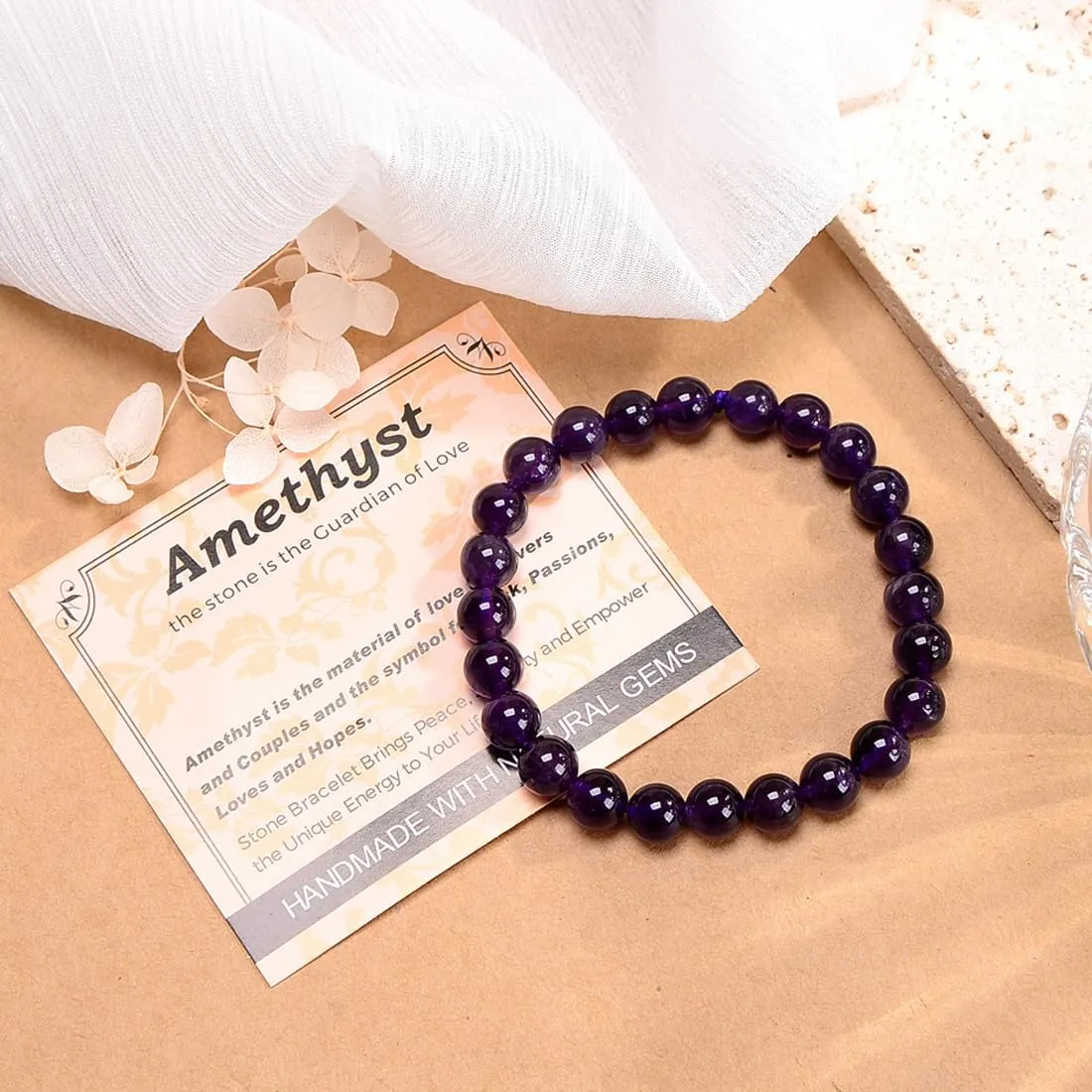 Massive Beads Amethyst - Guardian Stone - Handmade Yoga Stretch Elastic Bracelet Natural Stone Crystal Healing Power Energy Gifts for Unisex Adult 8mm