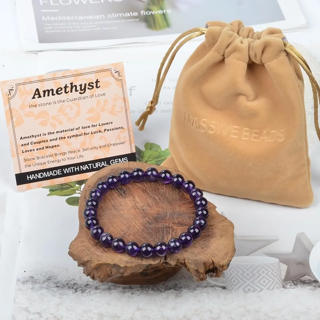 Massive Beads Amethyst - Guardian Stone - Handmade Yoga Stretch Elastic Bracelet Natural Stone Crystal Healing Power Energy Gifts for Unisex Adult 8mm