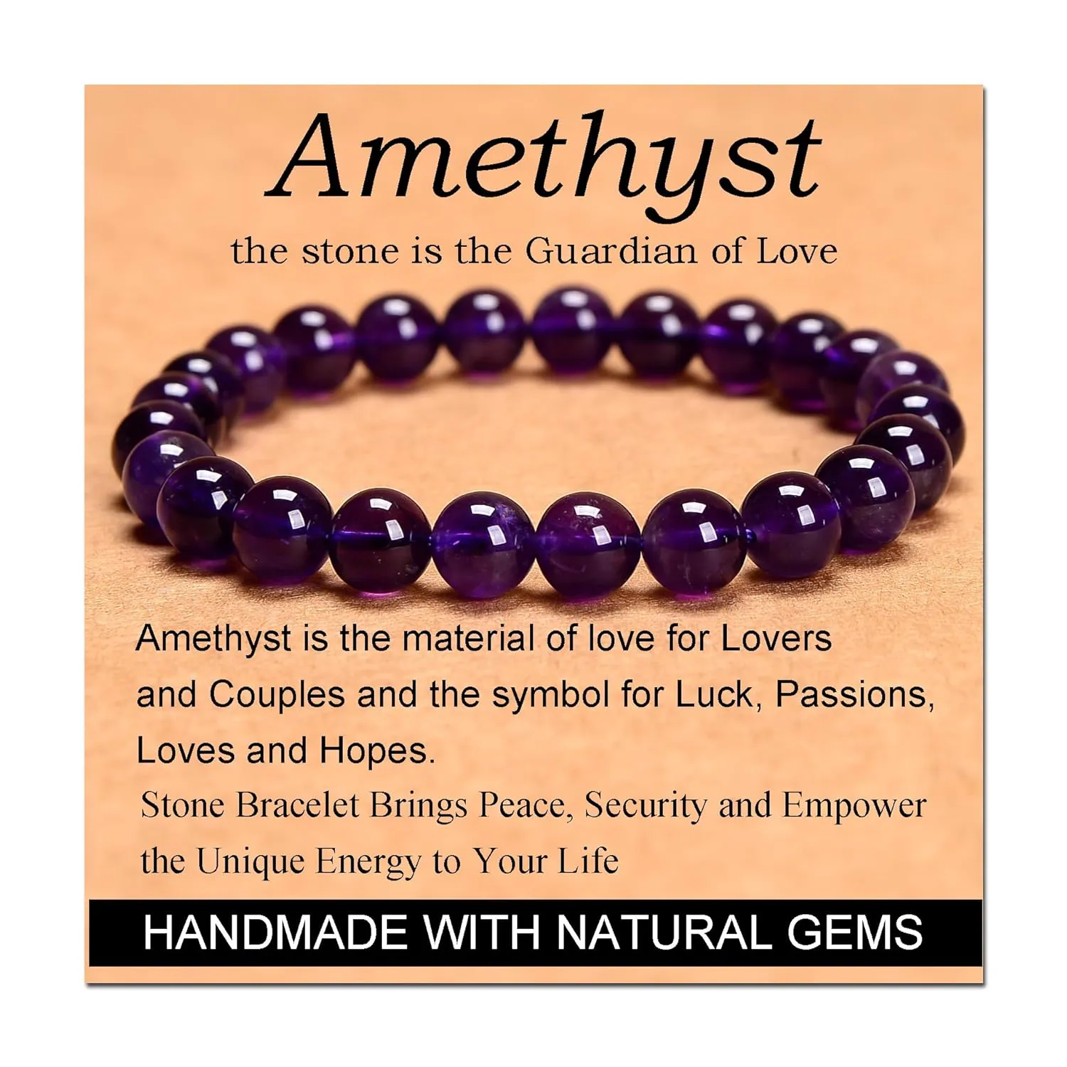 Massive Beads Amethyst - Guardian Stone - Handmade Yoga Stretch Elastic Bracelet Natural Stone Crystal Healing Power Energy Gifts for Unisex Adult 8mm