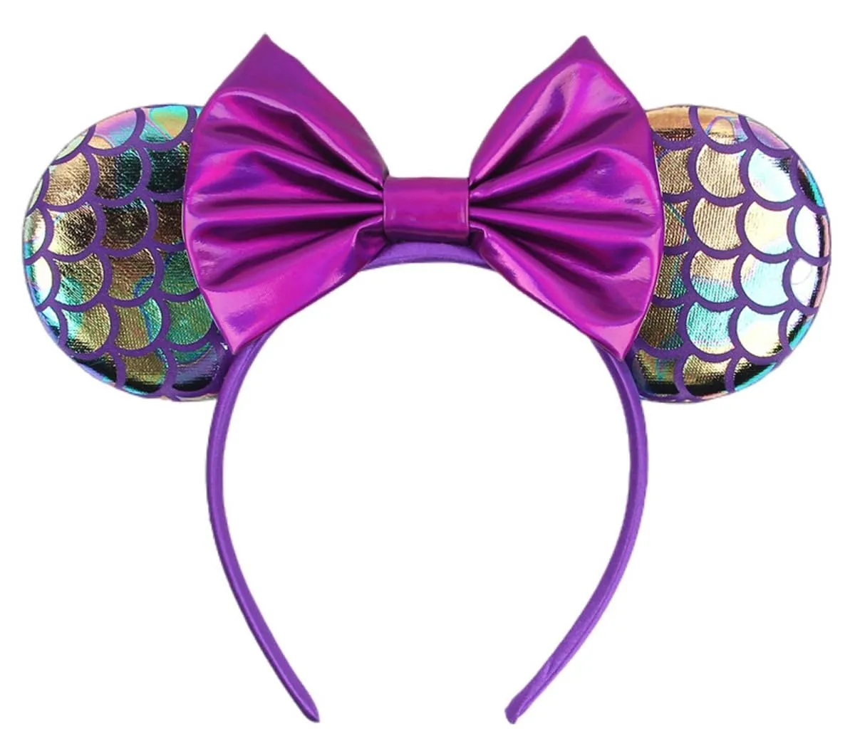 Mermaid Style Purple Mouse Ears Headband With Shining Bow, for Girls Women Disneyland Costume Christmas Cosplay Glitter Party Decoration; MRY-Z5