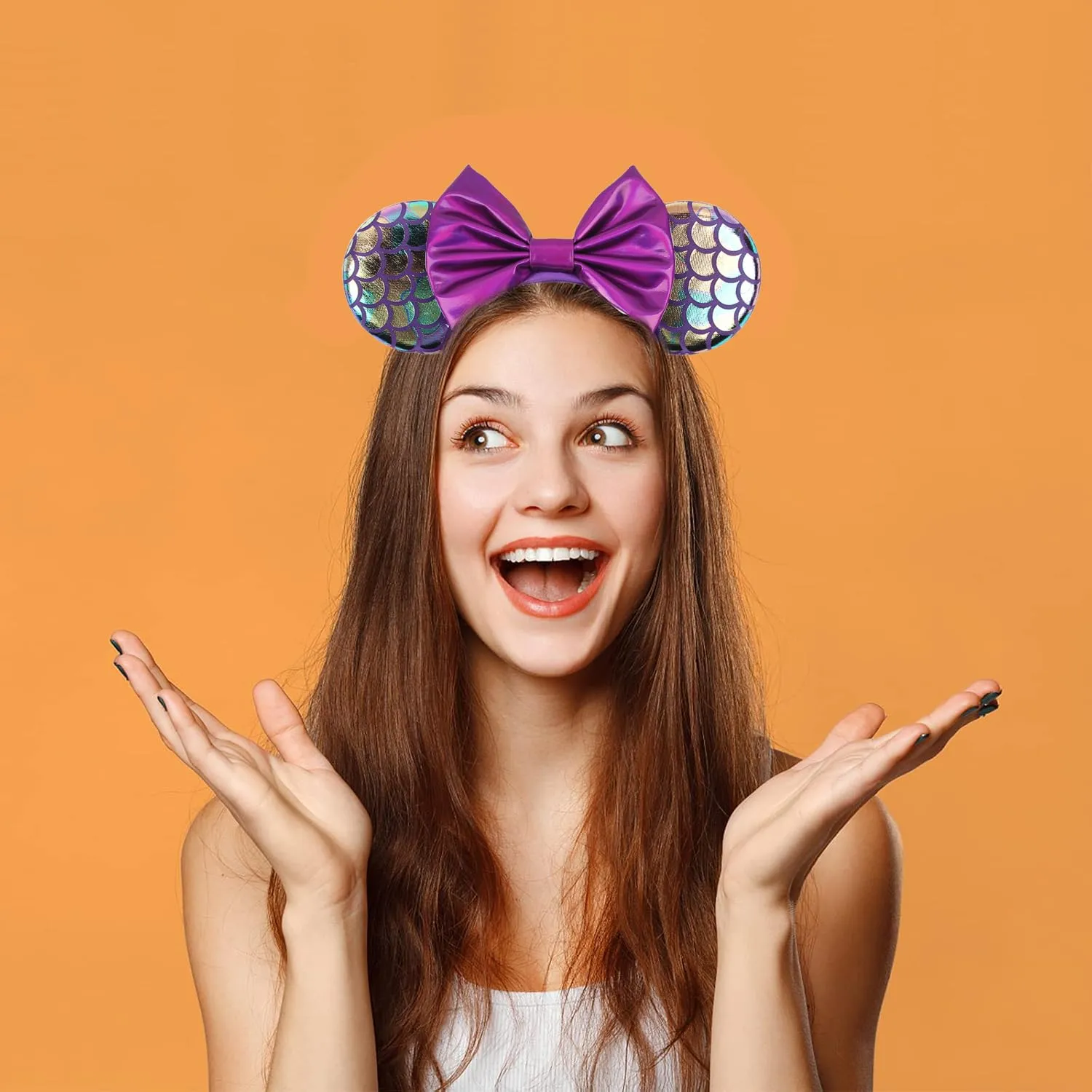 Mermaid Style Purple Mouse Ears Headband With Shining Bow, for Girls Women Disneyland Costume Christmas Cosplay Glitter Party Decoration; MRY-Z5