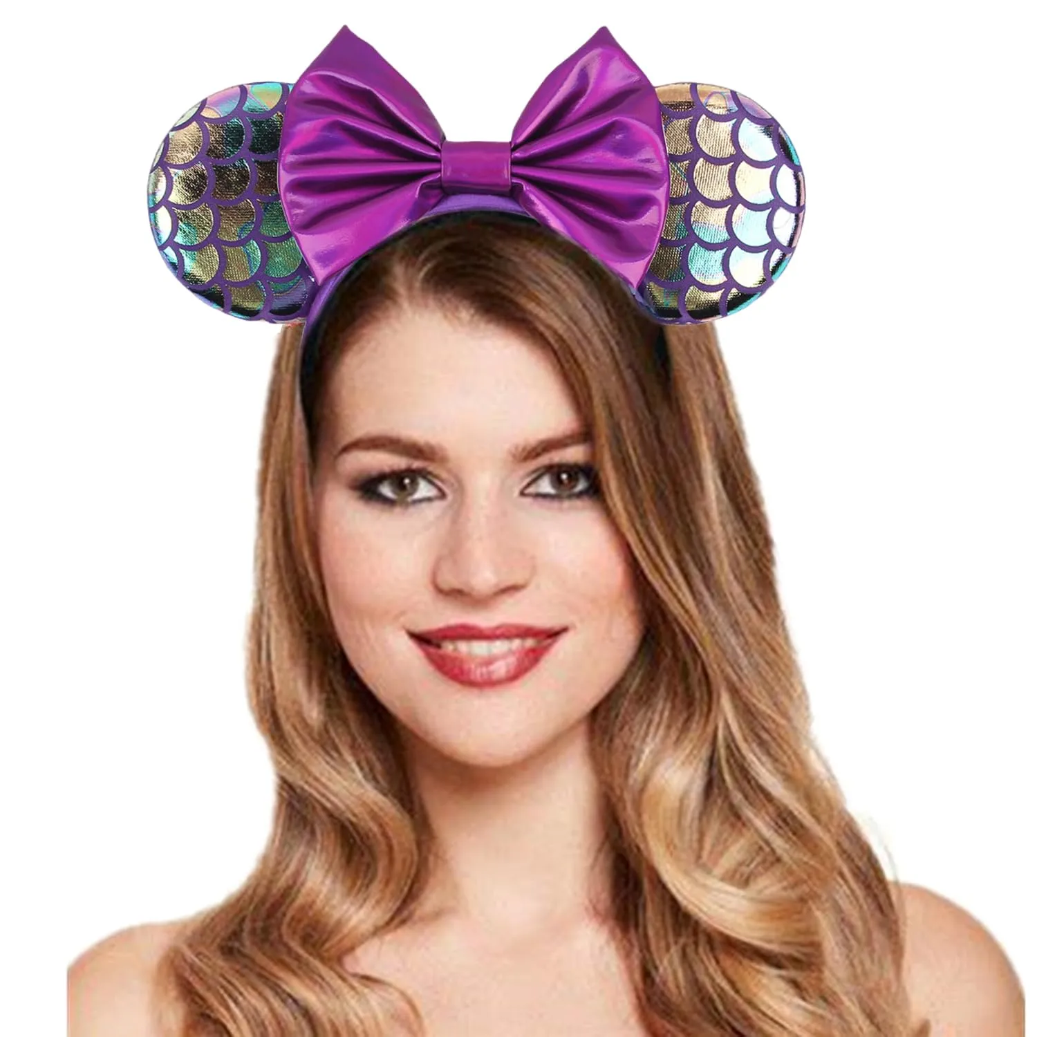Mermaid Style Purple Mouse Ears Headband With Shining Bow, for Girls Women Disneyland Costume Christmas Cosplay Glitter Party Decoration; MRY-Z5